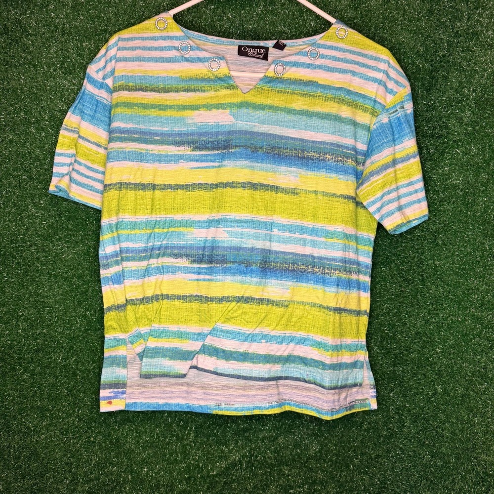 Onque Casual Petite Medium Multicolor Striped Rhinestone V Neck Top PM